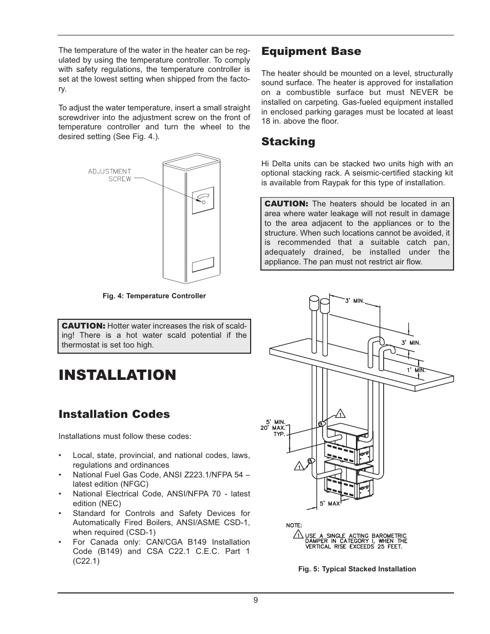 Installation, Installation codes, Equipment base | Stacking | Raypak HI DELTA 992B-2342B User Manual | Page 9 / 66