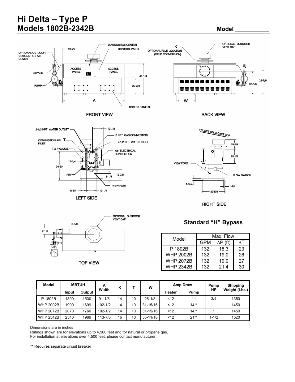 Hi delta – type p, Model, Standard “h” bypass | Raypak HI DELTA 1802B User Manual | Page 2 / 3