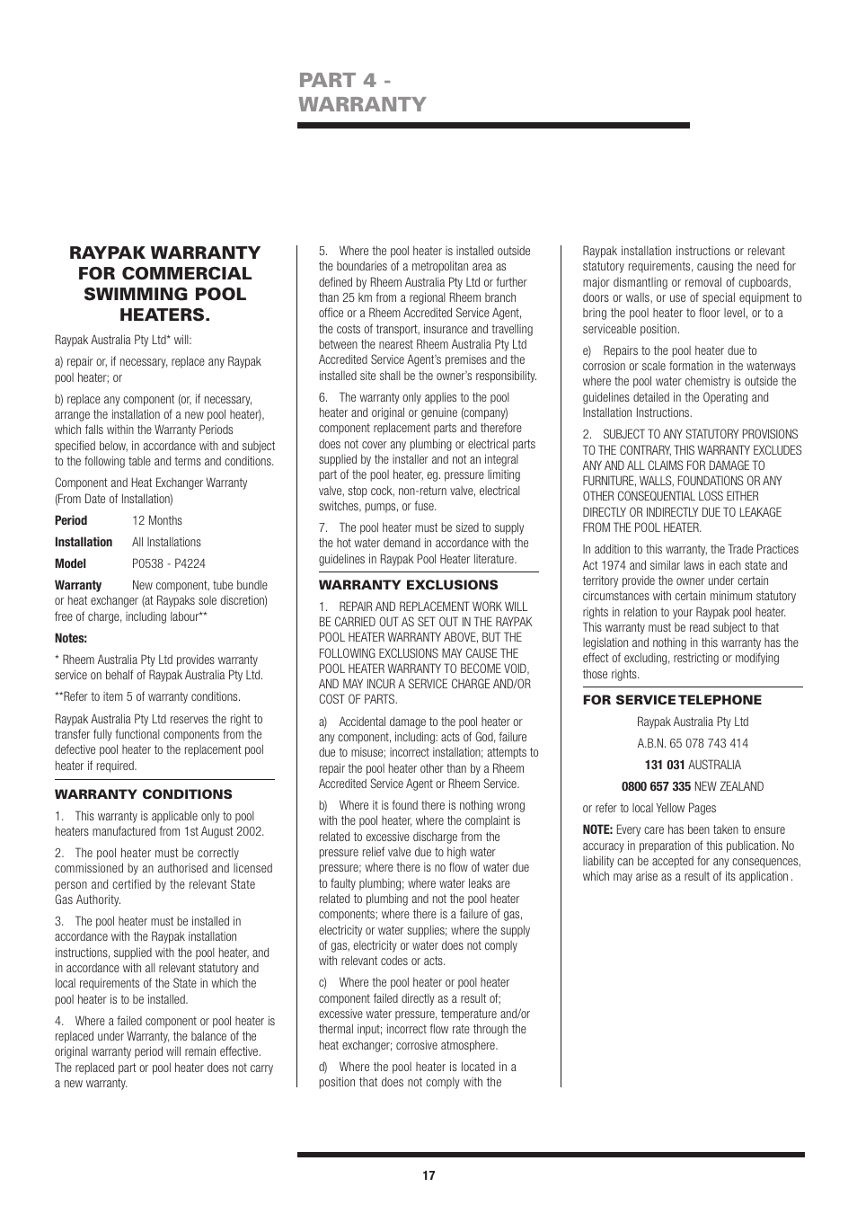 Part 4 - warranty | Raypak 538 To 4224 User Manual | Page 16 / 18