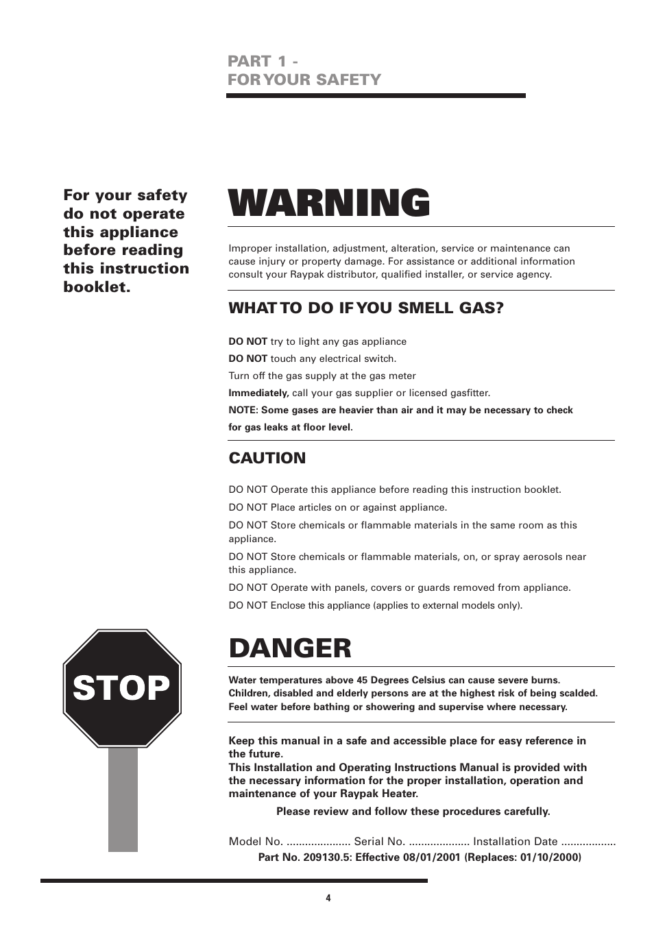 Warning, Danger, Part 1 - for your safety | What to do if you smell gas, Caution | Raypak 538 To 4224 User Manual | Page 3 / 18