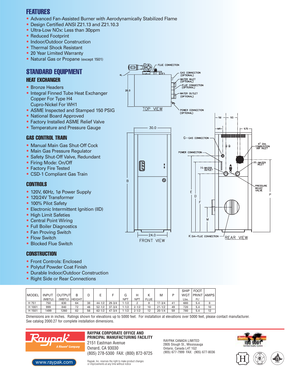 Features, Standard equipment, Heat exchanger | Gas control train, Controls, Construction | Raypak Commercial Space Heating and Domestic Water User Manual | Page 6 / 6