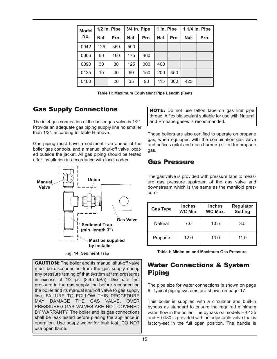 Gas supply connections, Gas pressure, Water connections & system piping | Raypak RAYTHERM 0180B User Manual | Page 15 / 40