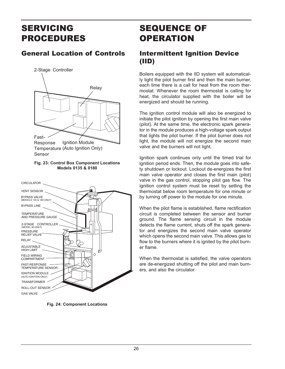 Servicing procedures, Sequence of operation, General location of controls | Intermittent ignition device (iid) | Raypak RAYTHERM 0180B User Manual | Page 26 / 40