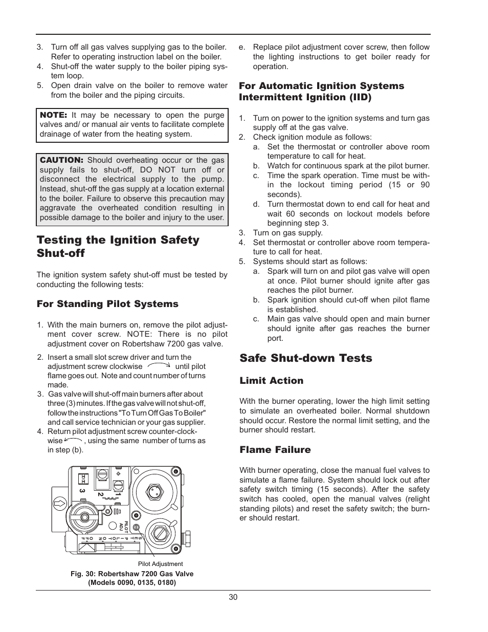 Testing the ignition safety shut-off, Safe shut-down tests, For standing pilot systems | Limit action, Flame failure | Raypak RAYTHERM 0180B User Manual | Page 30 / 40