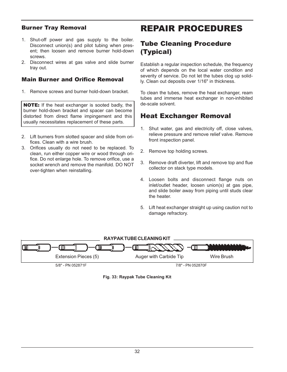 Repair procedures, Tube cleaning procedure (typical), Heat exchanger removal | Burner tray removal, Main burner and orifice removal | Raypak RAYTHERM 0180B User Manual | Page 32 / 40