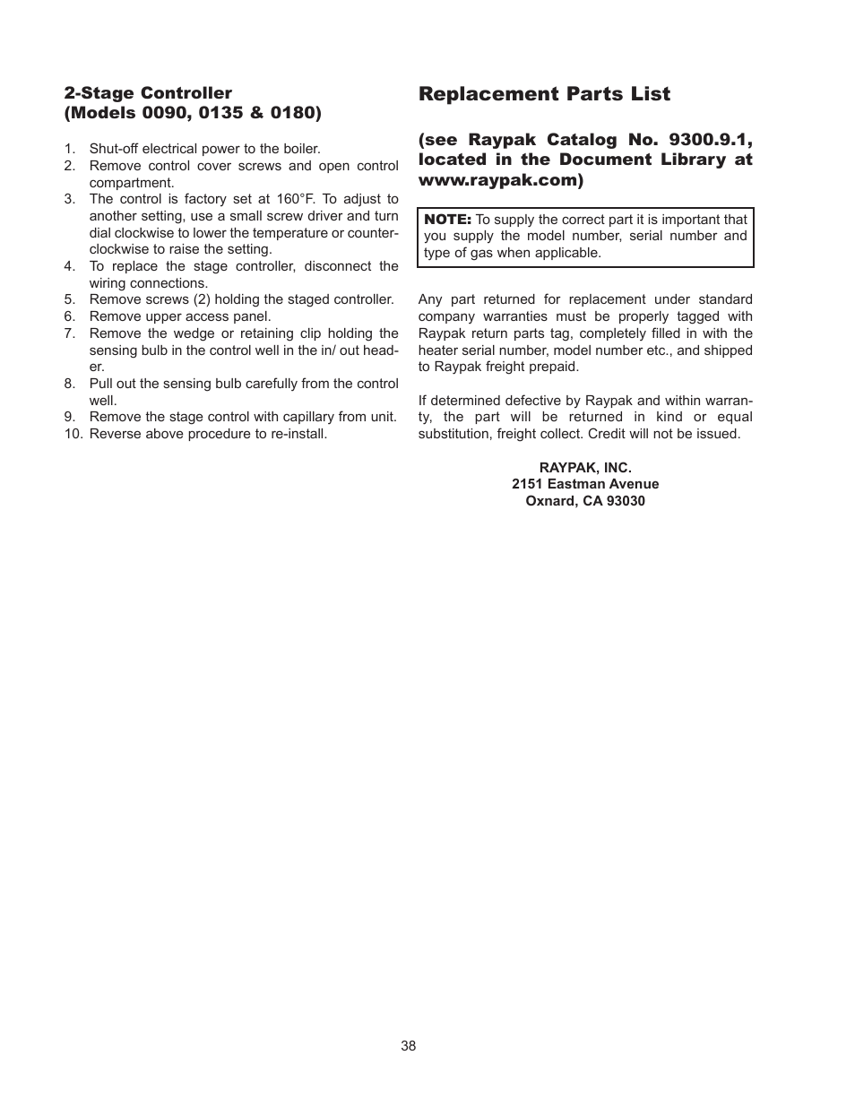 Start-up procedure, Start-up procedures, Replacement parts list | Raypak RAYTHERM 0180B User Manual | Page 38 / 40