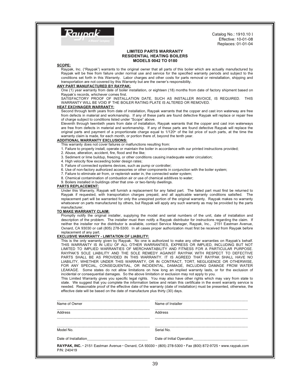 Raypak RAYTHERM 0180B User Manual | Page 39 / 40