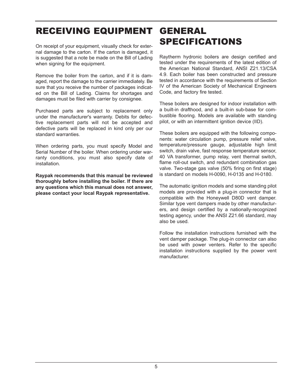 Receiving equipment, General specifications | Raypak RAYTHERM 0180B User Manual | Page 5 / 40