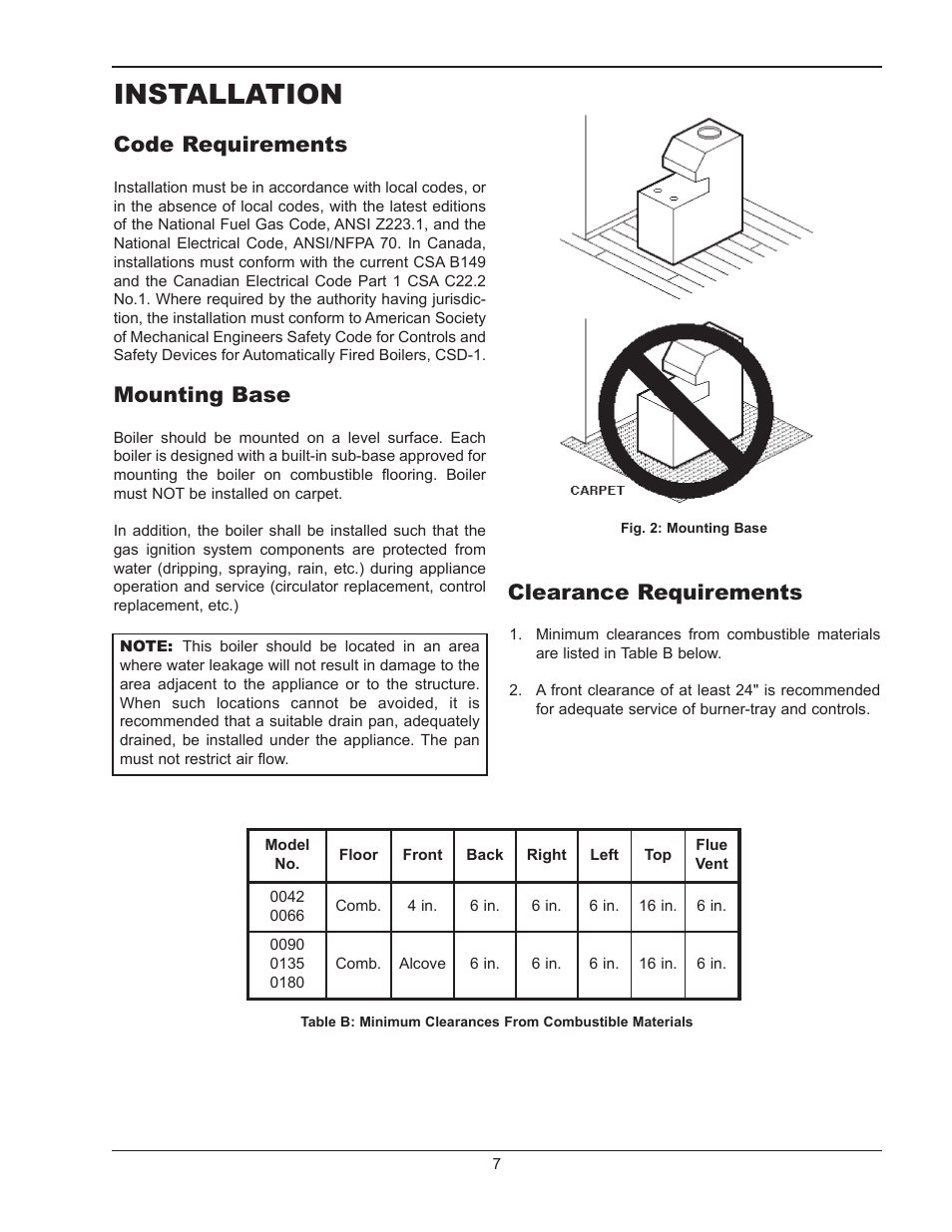 Installation, Code requirements, Mounting base | Clearance requirements | Raypak RAYTHERM 0180B User Manual | Page 7 / 40