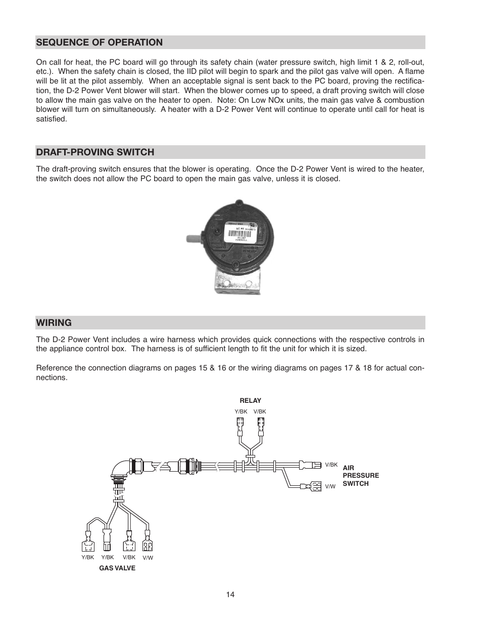 Sequence of operation, Draft-proving switch, Wiring | Raypak D-2 POWER VENT 206A User Manual | Page 14 / 20