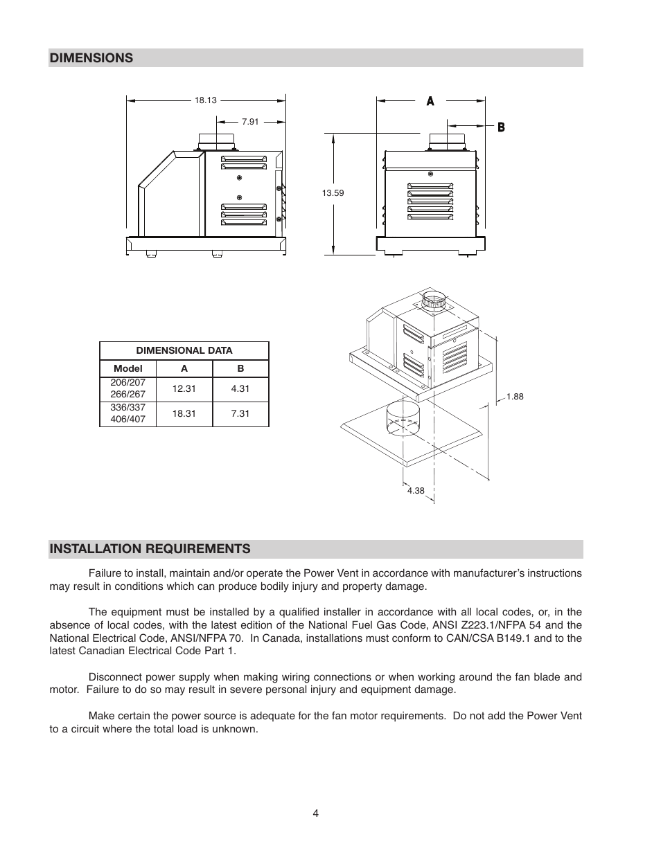 Installation requirements, Dimensions | Raypak D-2 POWER VENT 206A User Manual | Page 4 / 20