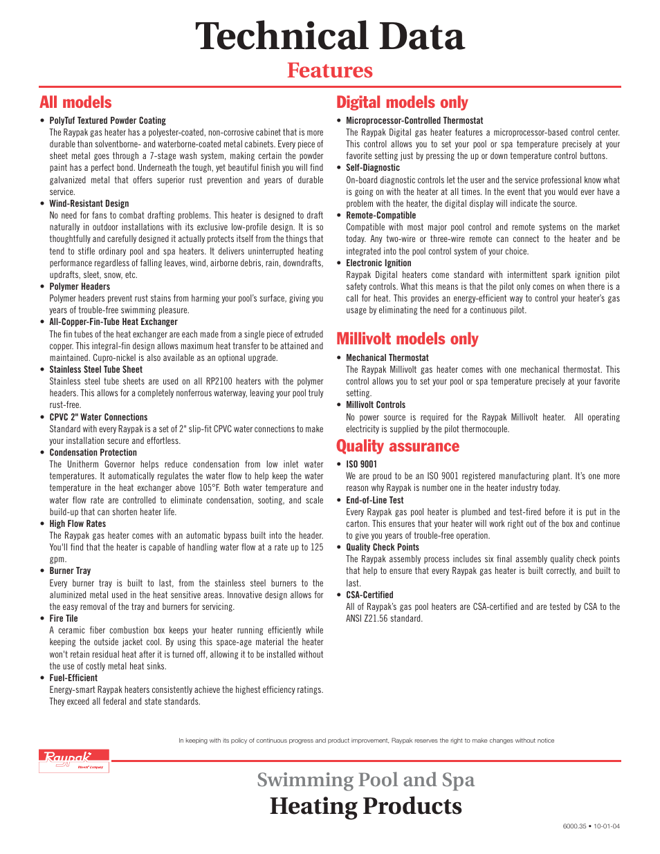 Technical data, Heating products, Features | Swimming pool and spa, All models, Digital models only, Millivolt models only, Quality assurance | Raypak Digital and Millivolt Gas Heater User Manual | Page 2 / 2