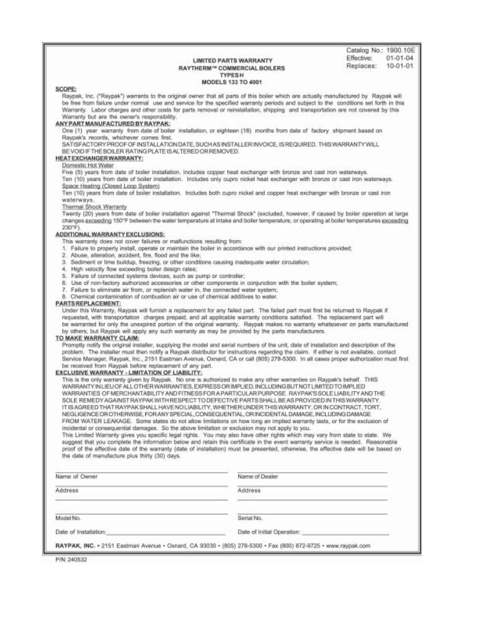 Raypak RAYTHERM 0133-4001 User Manual | Page 40 / 41