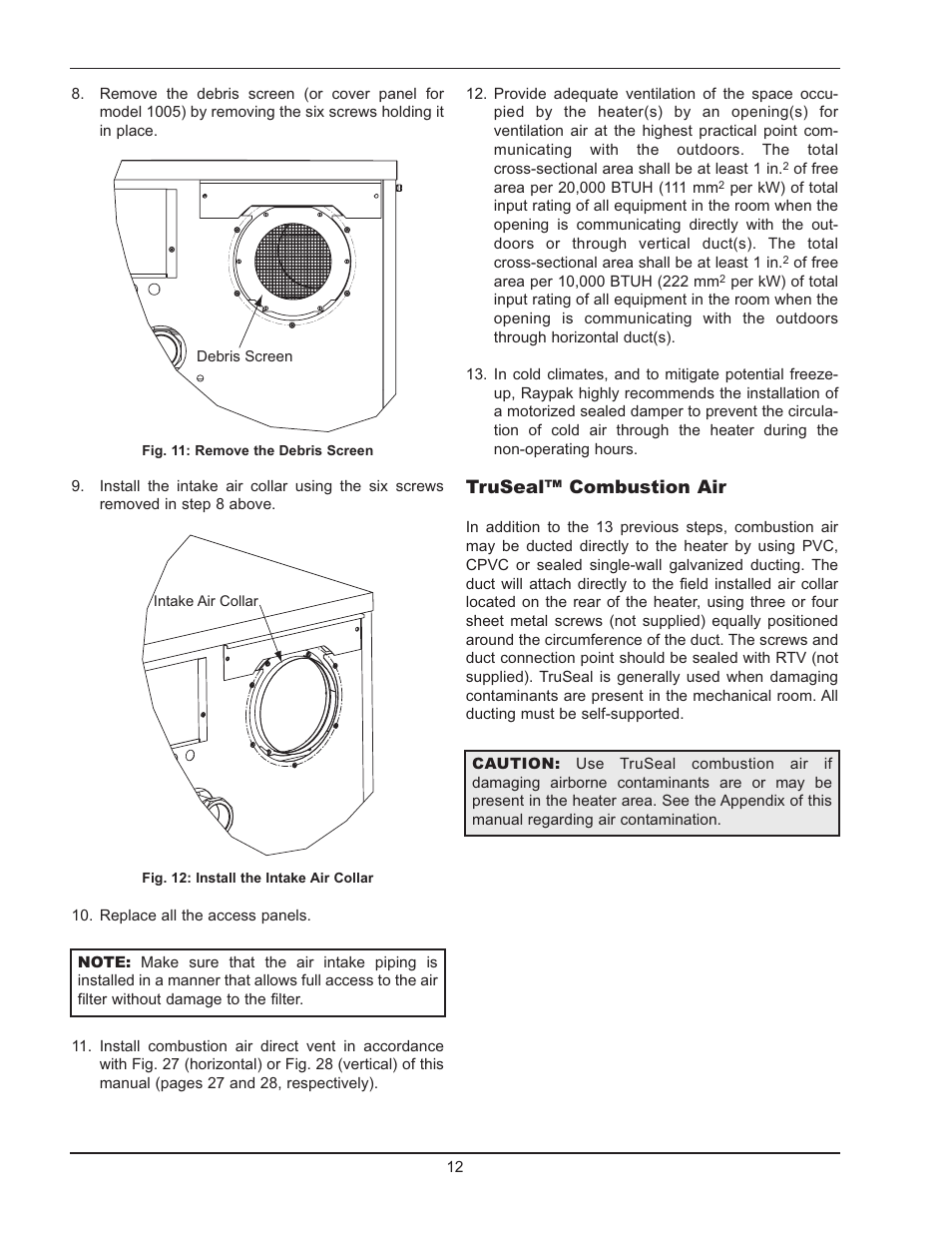 Truseal™ combustion air | Raypak 1005 User Manual | Page 12 / 56