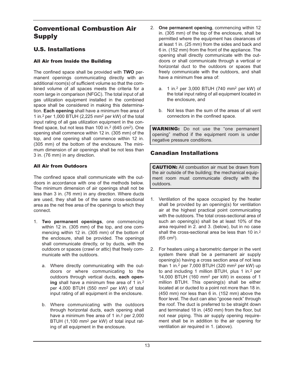 Conventional combustion air supply, U.s. installations, Canadian installations | Raypak 1005 User Manual | Page 13 / 56