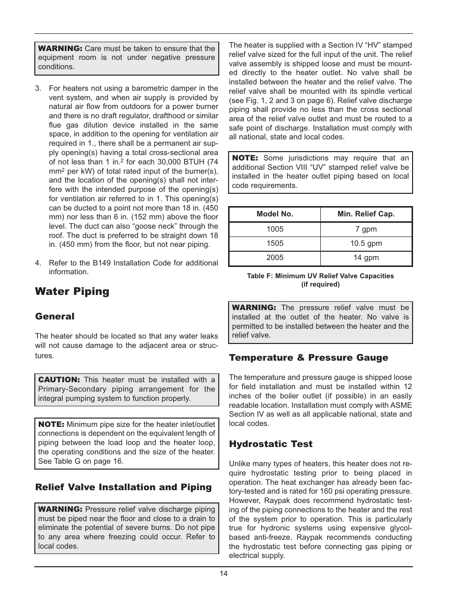 Water piping | Raypak 1005 User Manual | Page 14 / 56