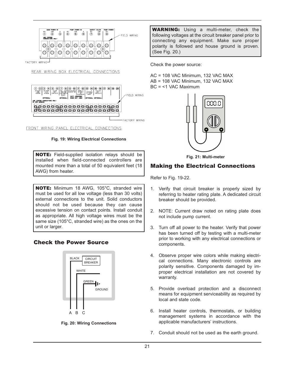 Making the electrical connections, Check the power source | Raypak 1005 User Manual | Page 21 / 56