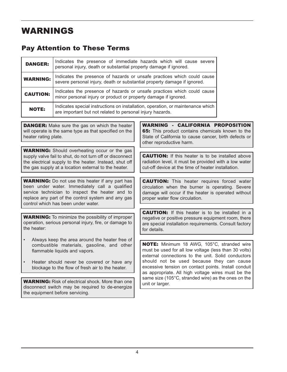 Warnings, Pay attention to these terms | Raypak 1005 User Manual | Page 4 / 56