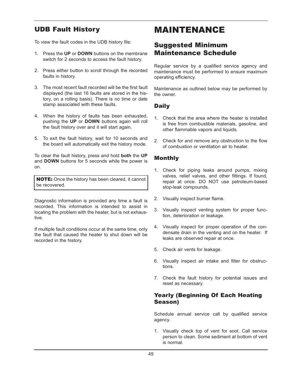 Maintenance, Udb fault history, Suggested minimum maintenance schedule | Raypak 1005 User Manual | Page 49 / 56