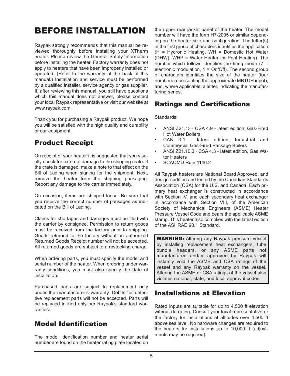 Before installation, Product receipt, Model identification | Ratings and certifications, Installations at elevation | Raypak 1005 User Manual | Page 5 / 56