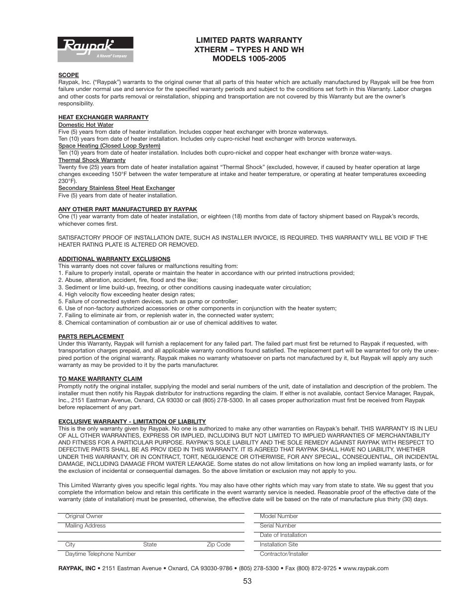 Raypak 1005 User Manual | Page 53 / 56