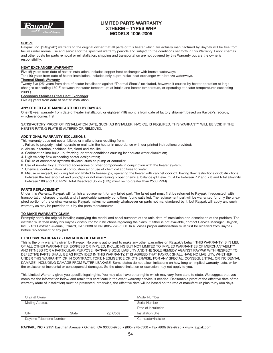 Raypak 1005 User Manual | Page 54 / 56