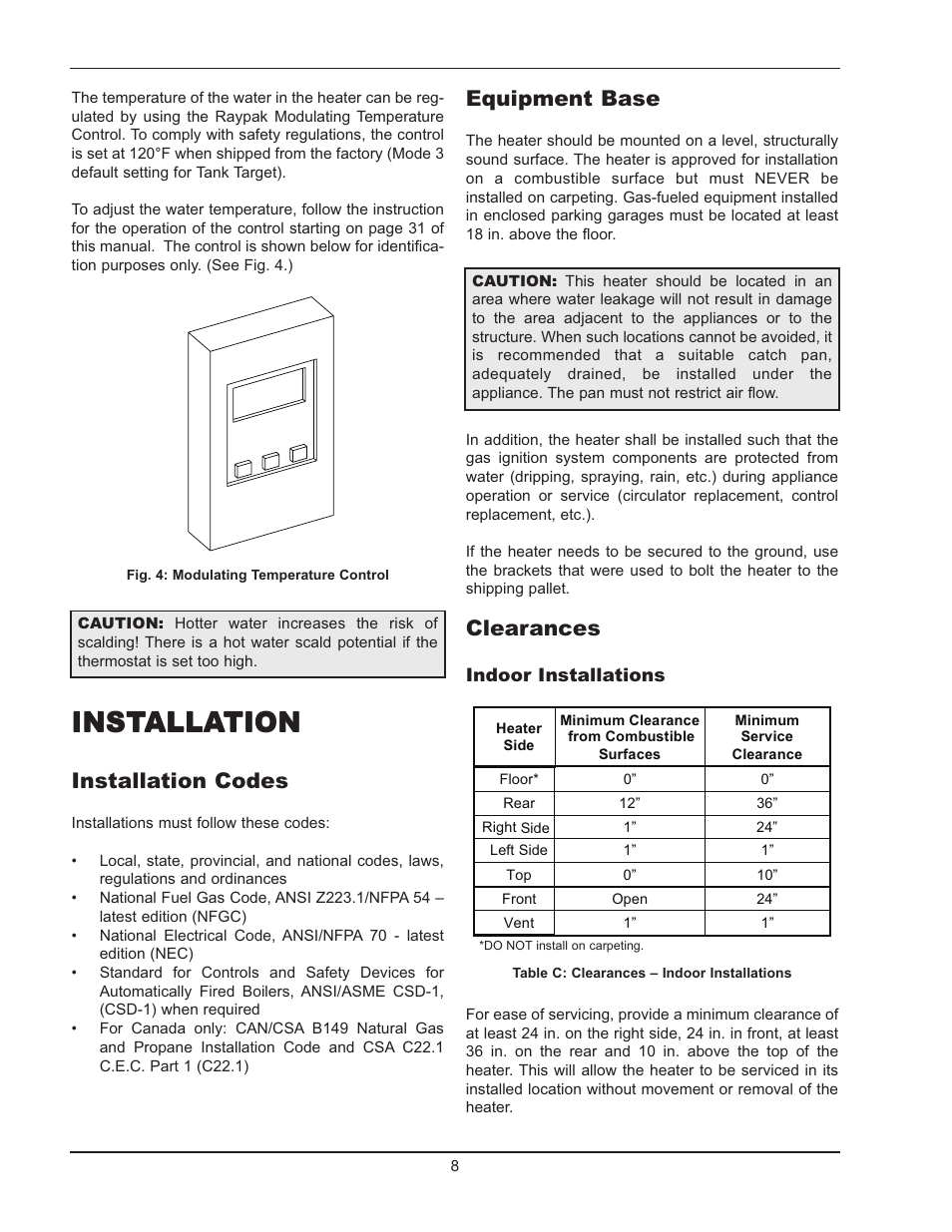 Installation, Equipment base, Clearances | Installation codes | Raypak 1005 User Manual | Page 8 / 56