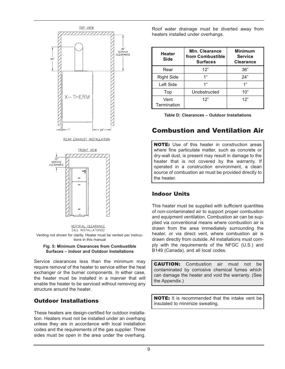 Combustion and ventilation air | Raypak 1005 User Manual | Page 9 / 56