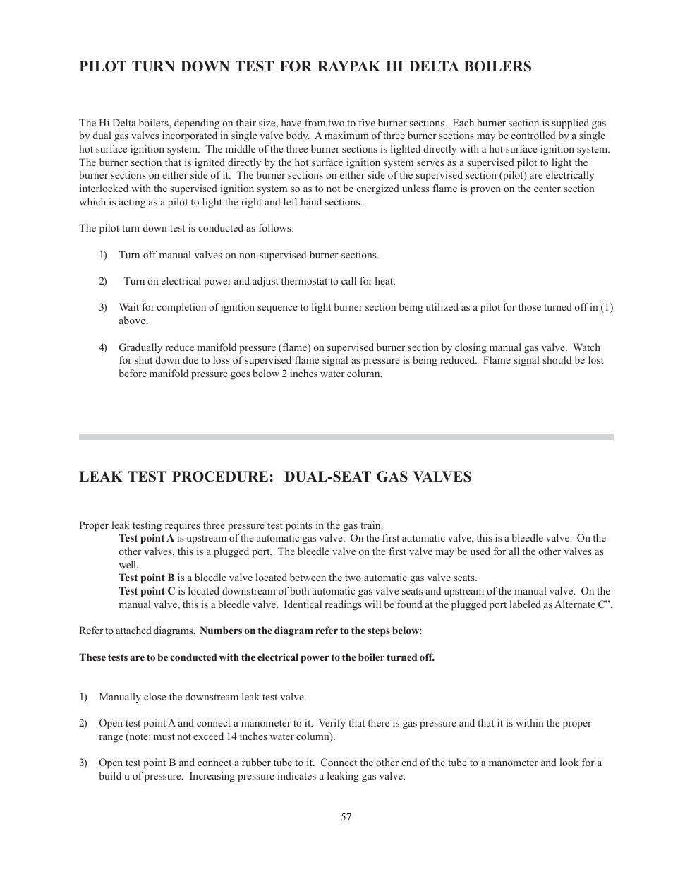 Pilot turn down test for raypak hi delta boilers, Leak test procedure: dual-seat gas valves | Raypak 302-902 User Manual | Page 57 / 65