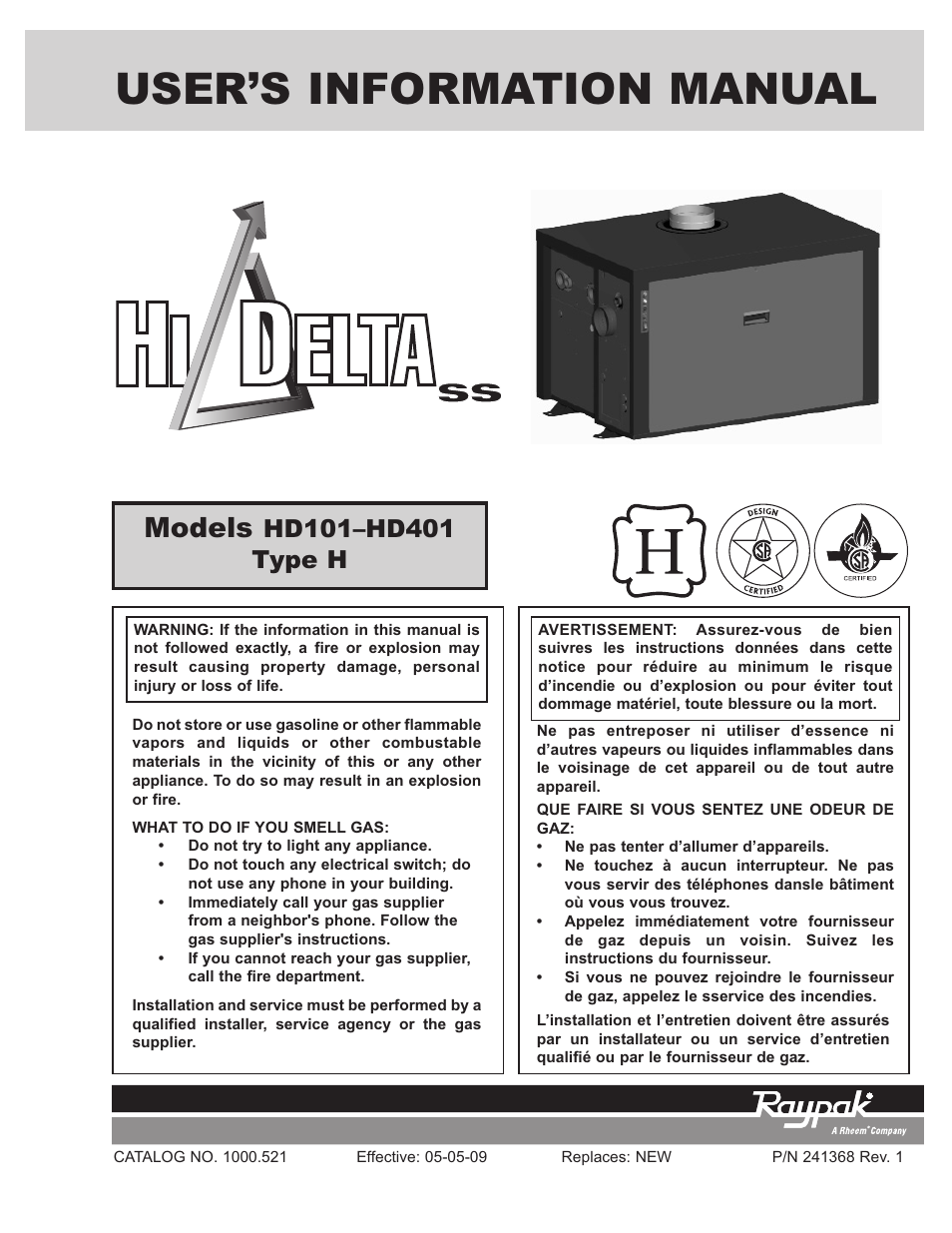 Raypak TYPE H HD401 User Manual | 8 pages