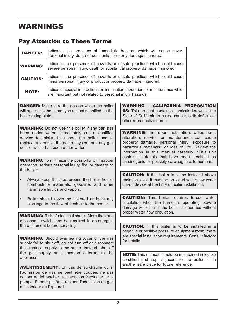 Warnings, Pay attention to these terms | Raypak TYPE H HD401 User Manual | Page 2 / 8