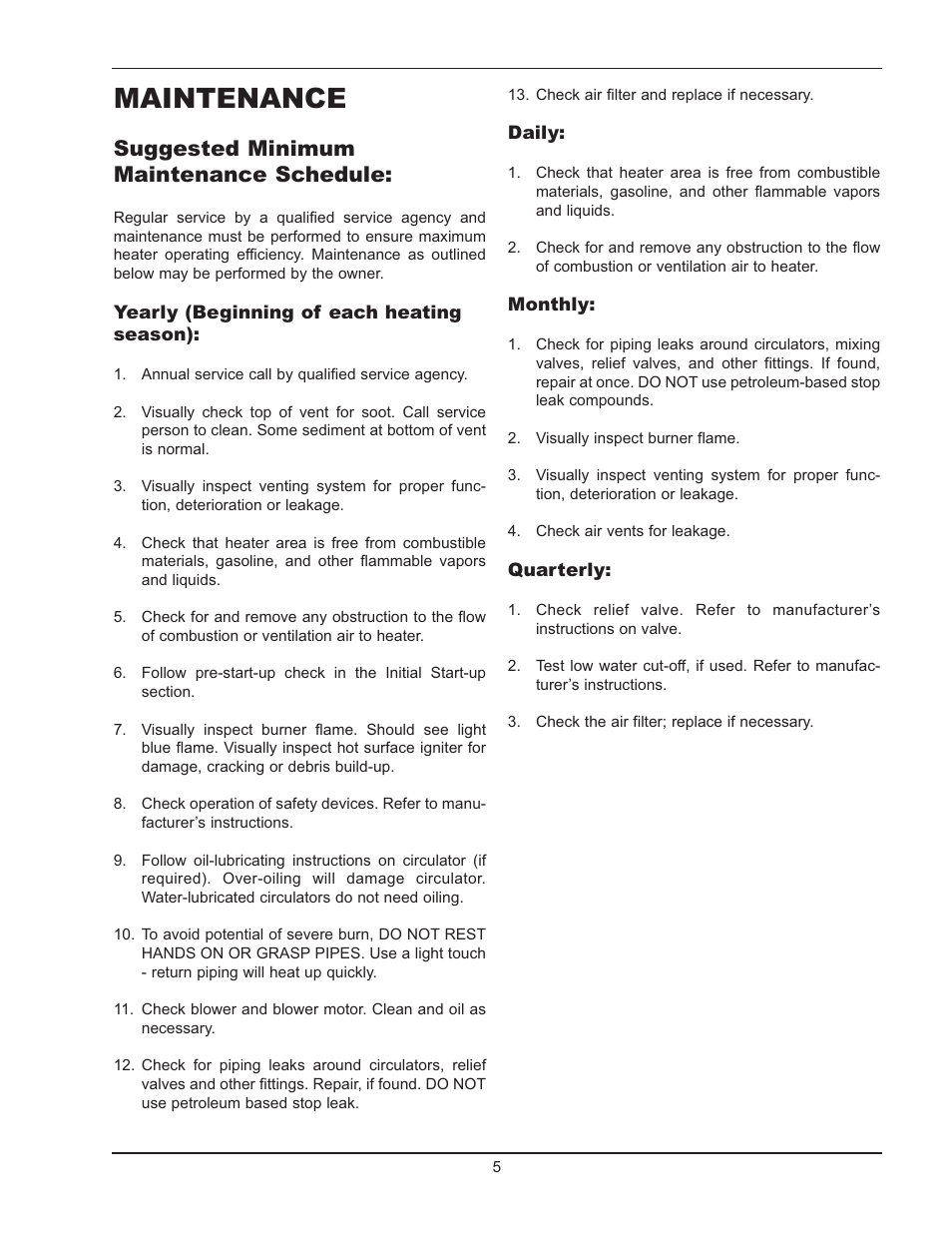 Maintenance, Suggested minimum maintenance schedule | Raypak TYPE H HD401 User Manual | Page 5 / 8