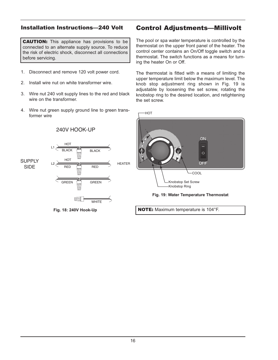 Control adjustments—millivolt, Installation instructions—240 volt, 240v hook-up | Raypak 130A User Manual | Page 16 / 35