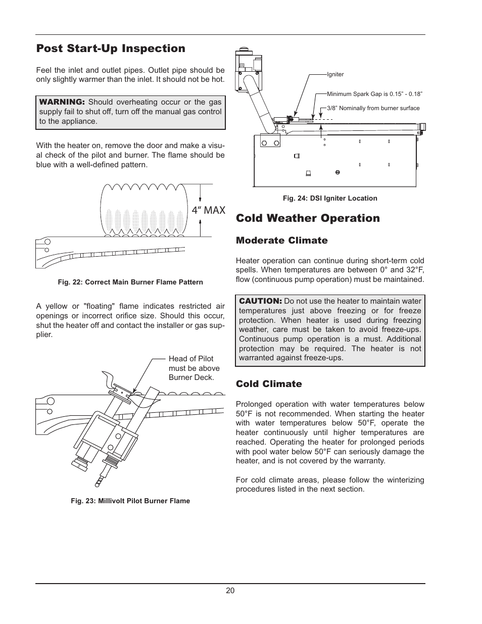 Post start-up inspection, 4“ max, Cold weather operation | Raypak 130A User Manual | Page 20 / 35