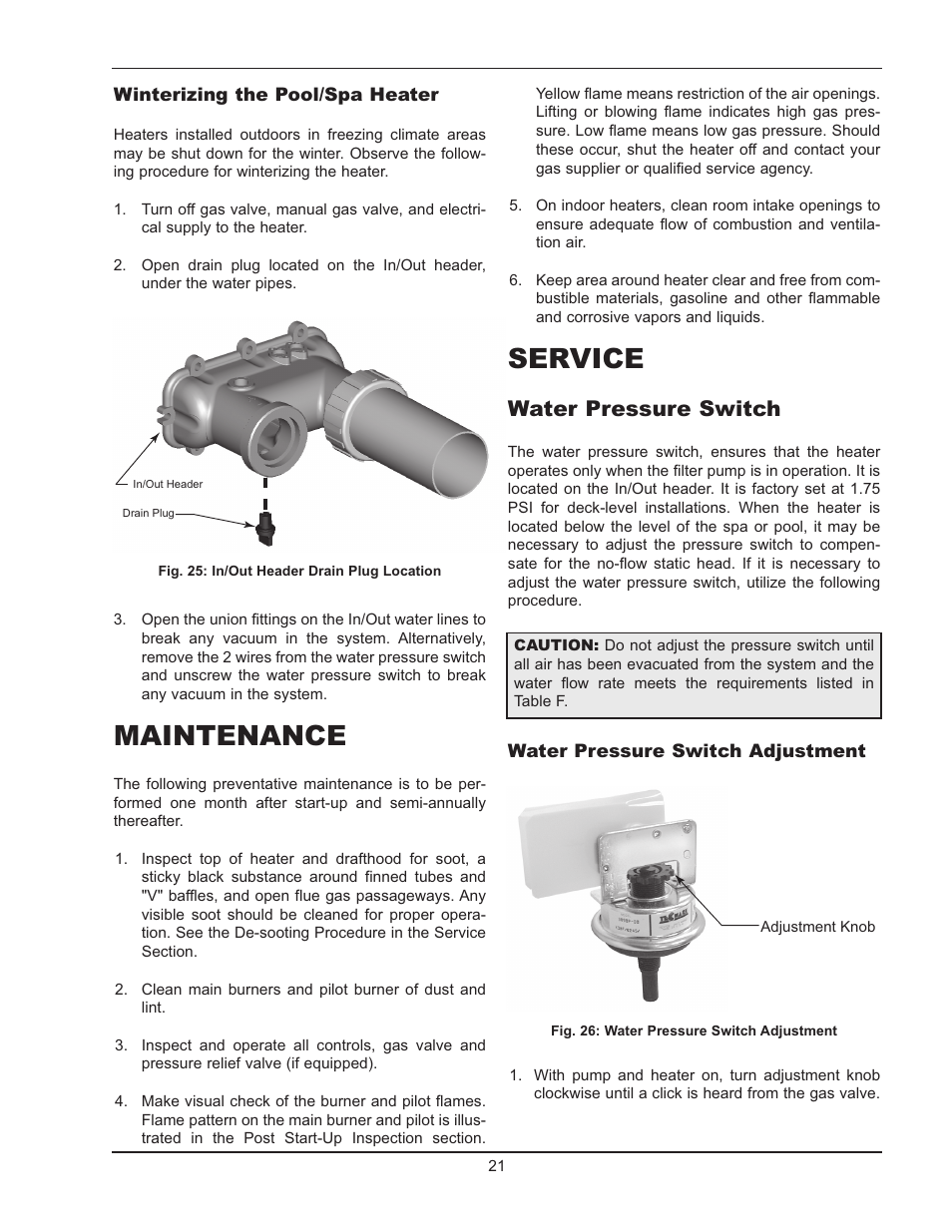 Maintenance, Service, Water pressure switch | Raypak 130A User Manual | Page 21 / 35