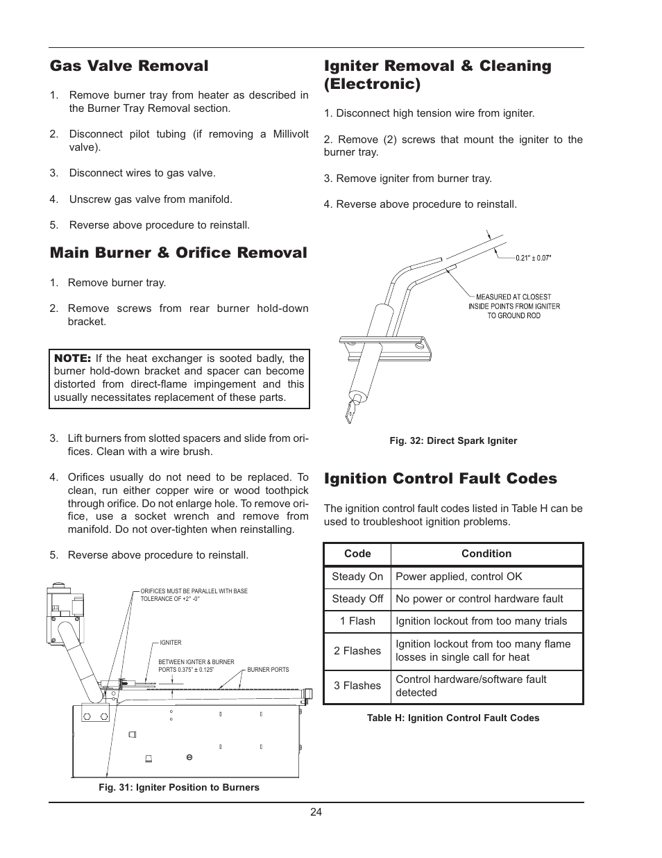 Gas valve removal, Main burner & orifice removal, Igniter removal & cleaning (electronic) | Ignition control fault codes | Raypak 130A User Manual | Page 24 / 35