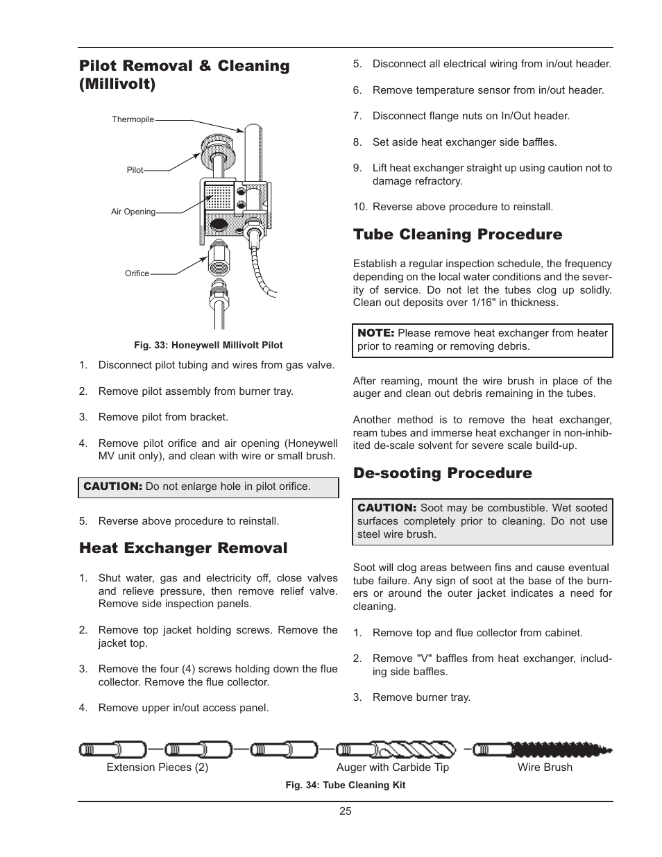 Pilot removal & cleaning (millivolt), Heat exchanger removal, Tube cleaning procedure | De-sooting procedure | Raypak 130A User Manual | Page 25 / 35