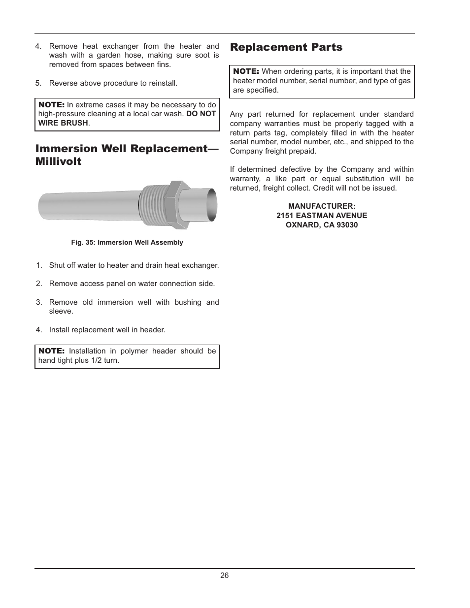 Immersion well replacement— millivolt, Replacement parts | Raypak 130A User Manual | Page 26 / 35