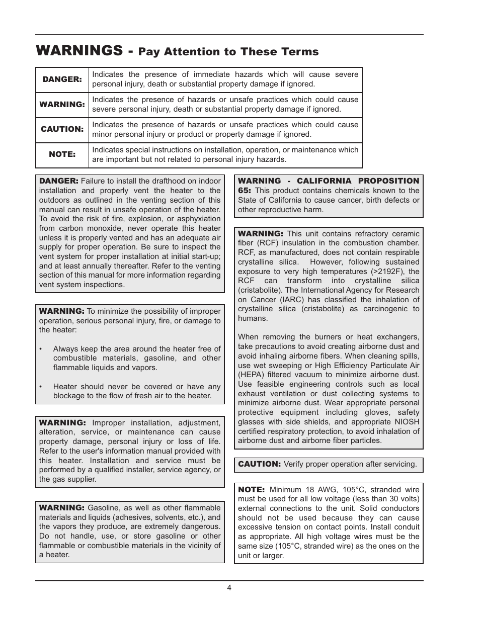 Warnings, Pay attention to these terms | Raypak 130A User Manual | Page 4 / 35