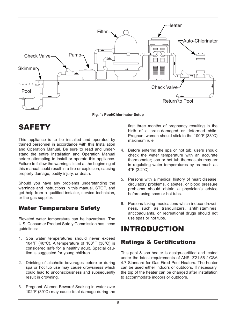 Safety, Introduction, Water temperature safety | Ratings & certifications | Raypak 130A User Manual | Page 6 / 35