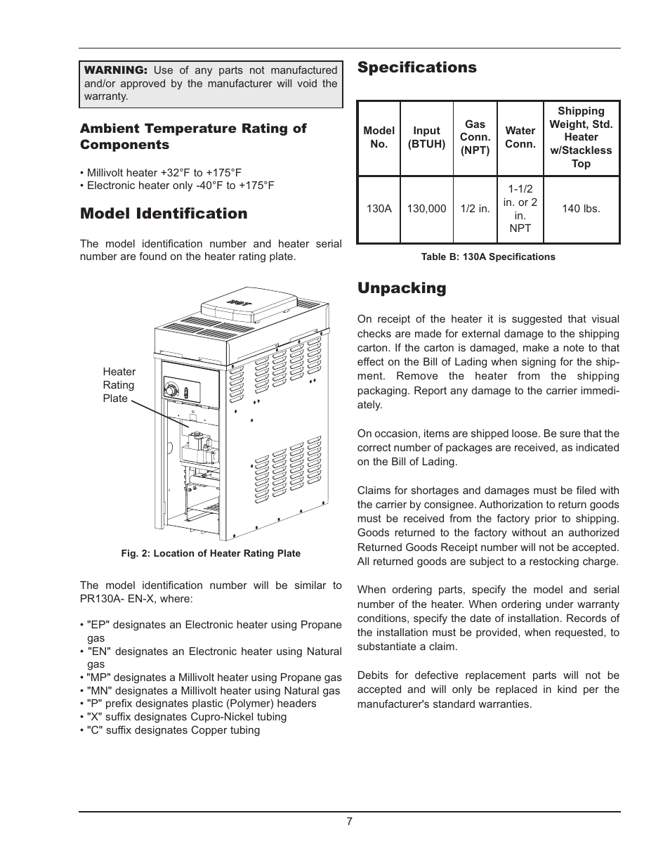 Model identification, Specifications unpacking | Raypak 130A User Manual | Page 7 / 35