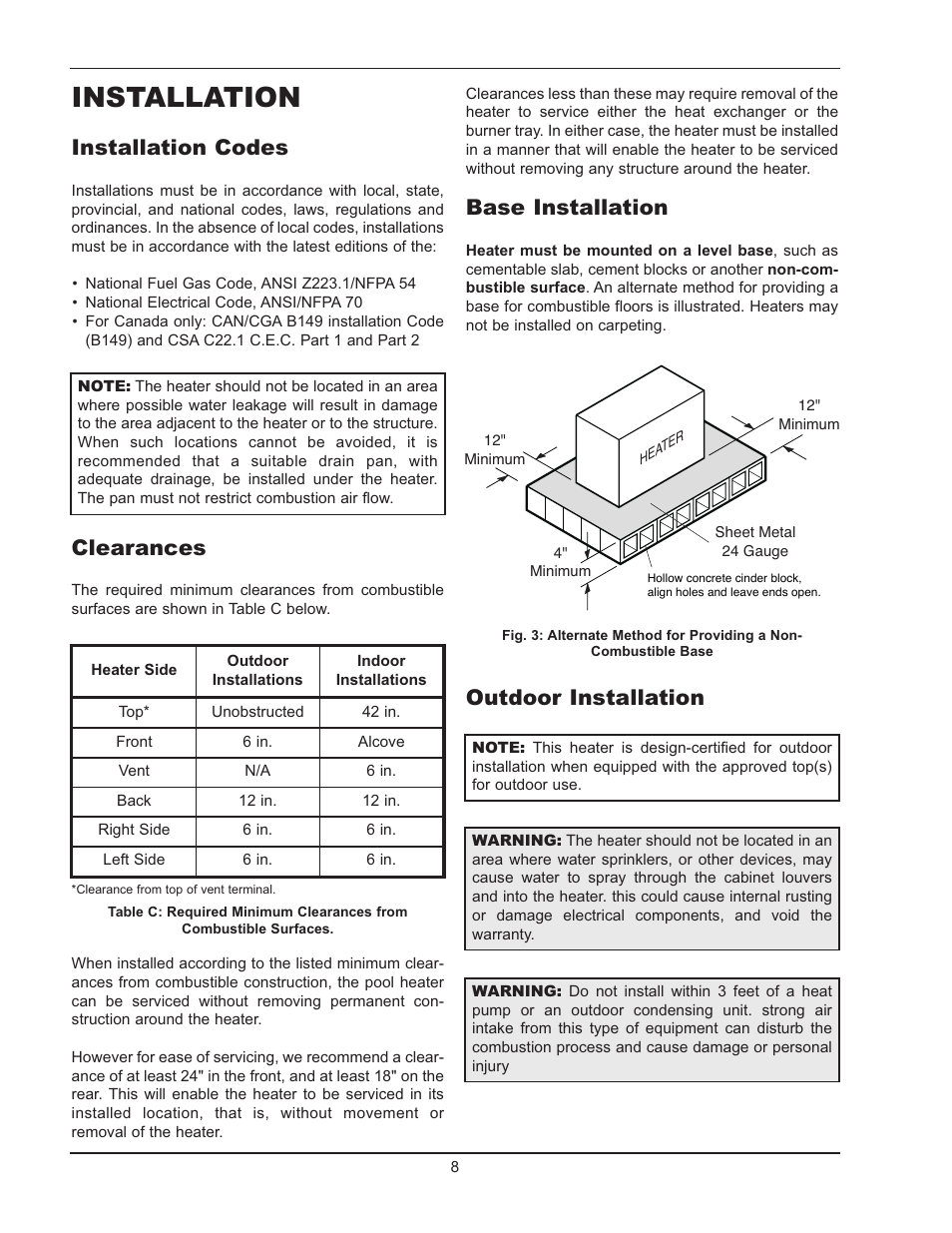 Installation, Installation codes, Clearances | Base installation, Outdoor installation | Raypak 130A User Manual | Page 8 / 35