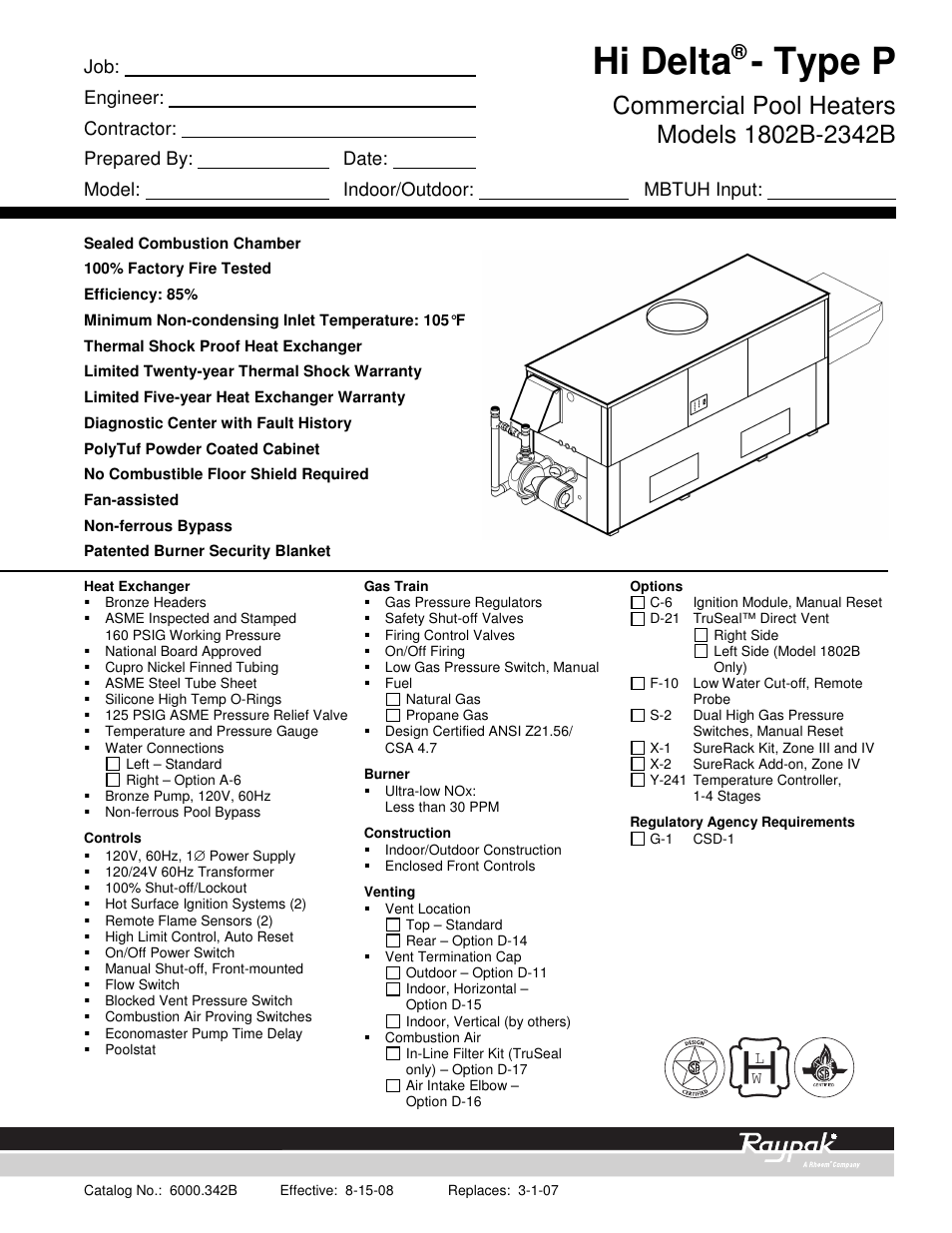 Raypak 1802B-2342B User Manual | 2 pages