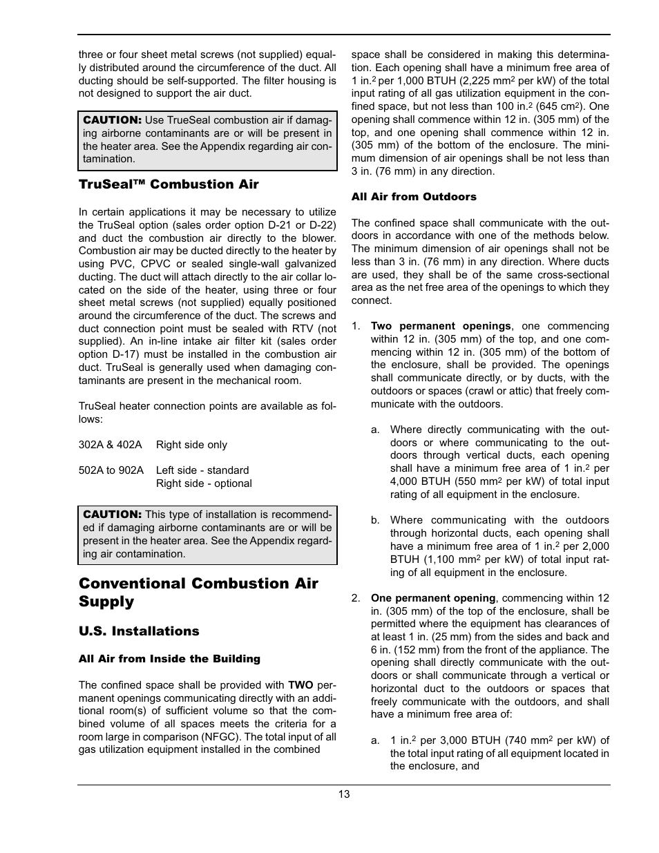 Conventional combustion air supply, Truseal™ combustion air, U.s. installations | Raypak Hi Delta 302A-902A User Manual | Page 13 / 56