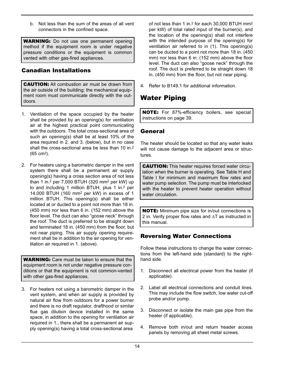 Water piping, General, Reversing water connections | Canadian installations | Raypak Hi Delta 302A-902A User Manual | Page 14 / 56