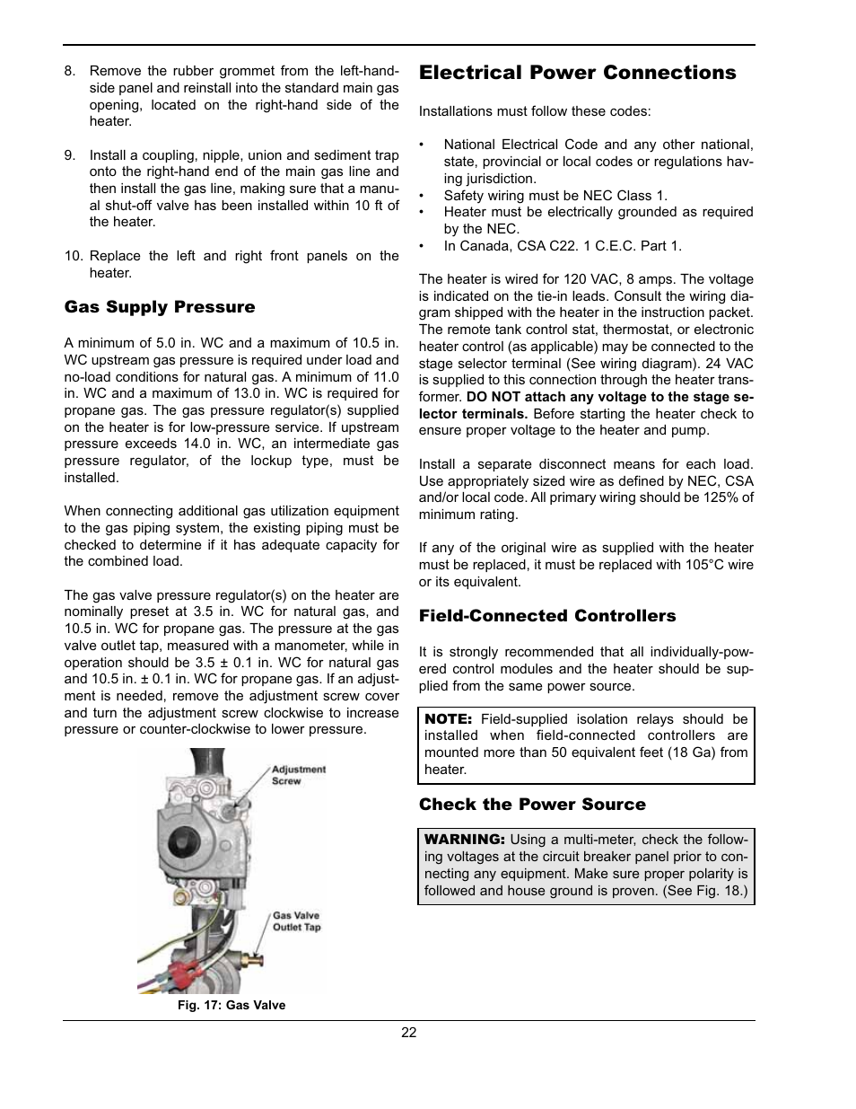 Electrical power connections | Raypak Hi Delta 302A-902A User Manual | Page 22 / 56