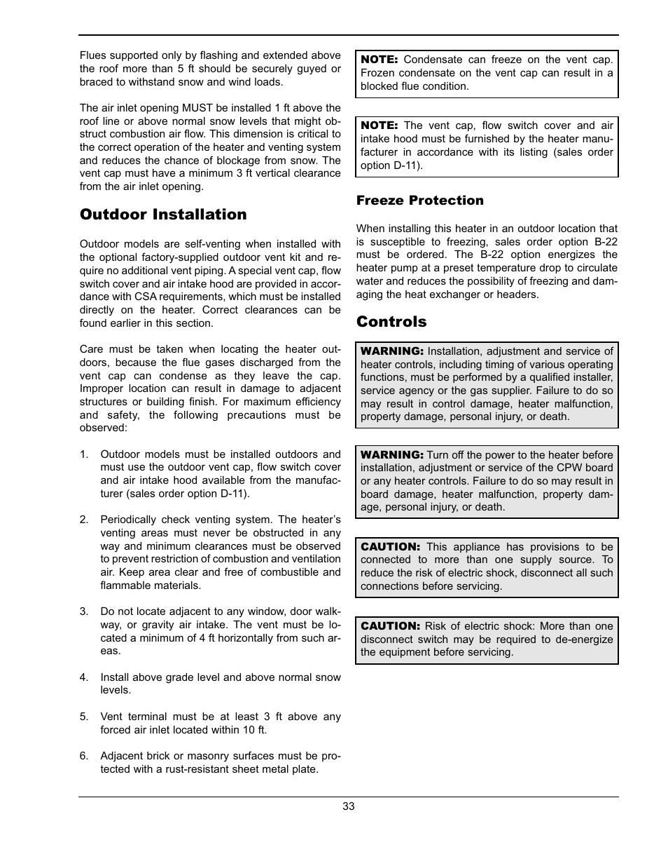 Outdoor installation, Controls | Raypak Hi Delta 302A-902A User Manual | Page 33 / 56