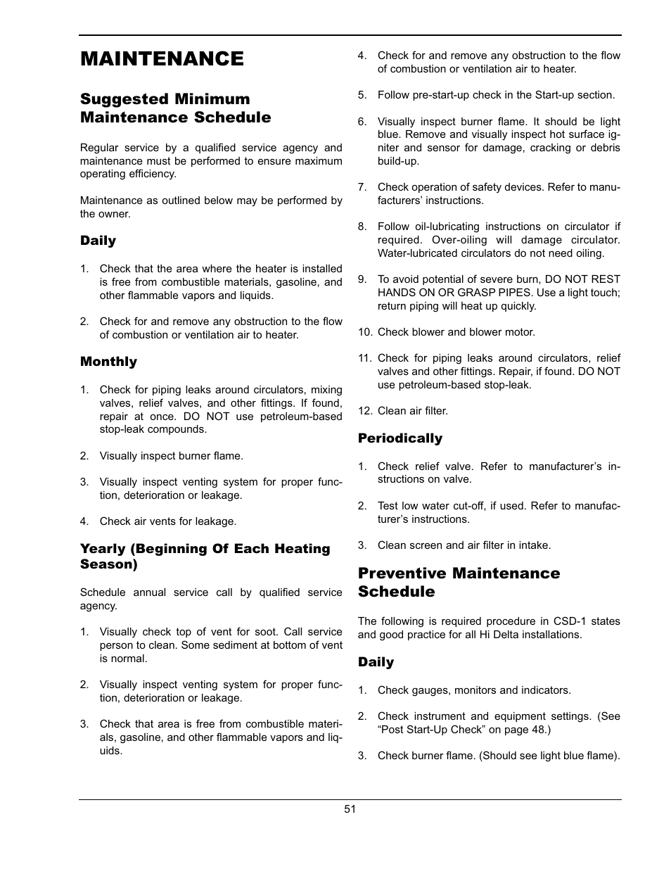 Maintenance, Suggested minimum maintenance schedule, Preventive maintenance schedule | Raypak Hi Delta 302A-902A User Manual | Page 51 / 56