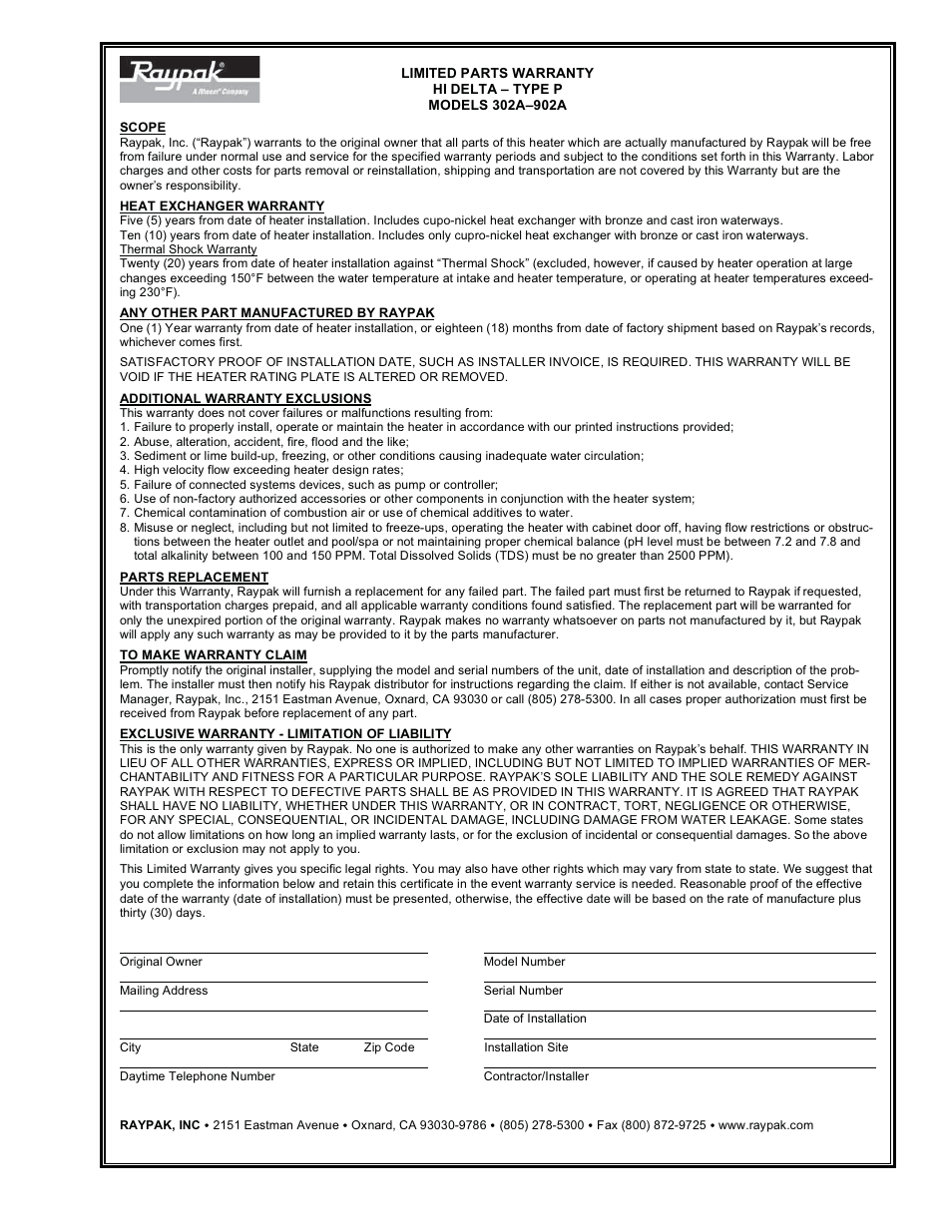 Raypak Hi Delta 302A-902A User Manual | Page 55 / 56