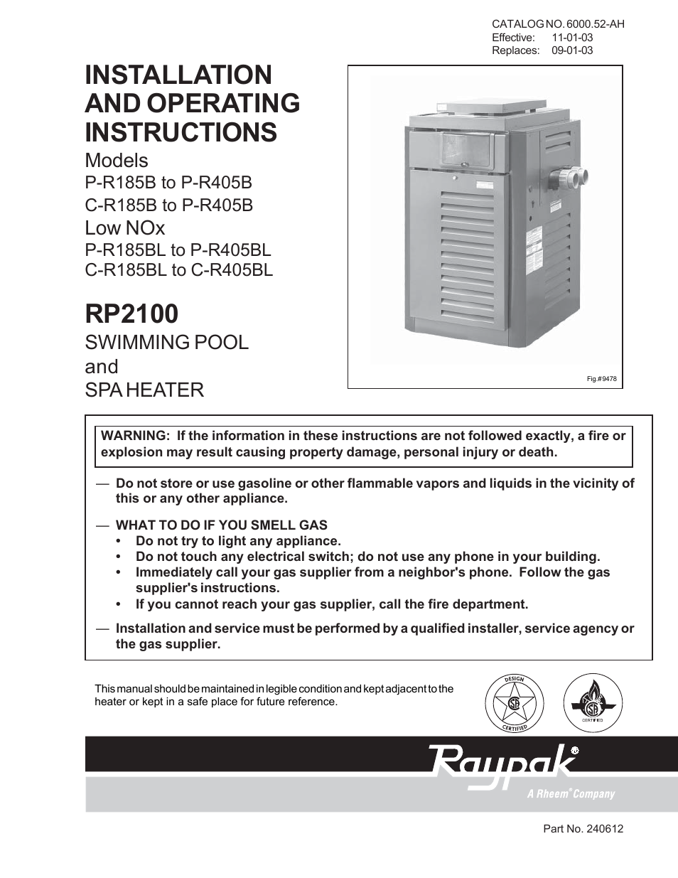 Raypak P-R185B To P-R405B User Manual | 52 pages